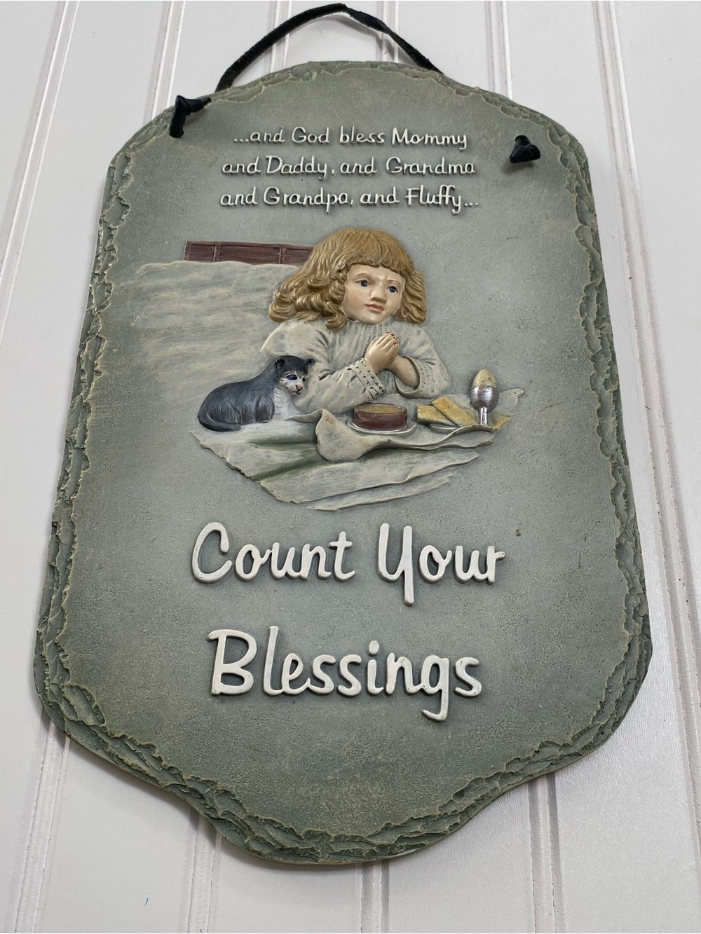 Count Your Blessings Wall Plaque - Green/Grey hanging Cat Children